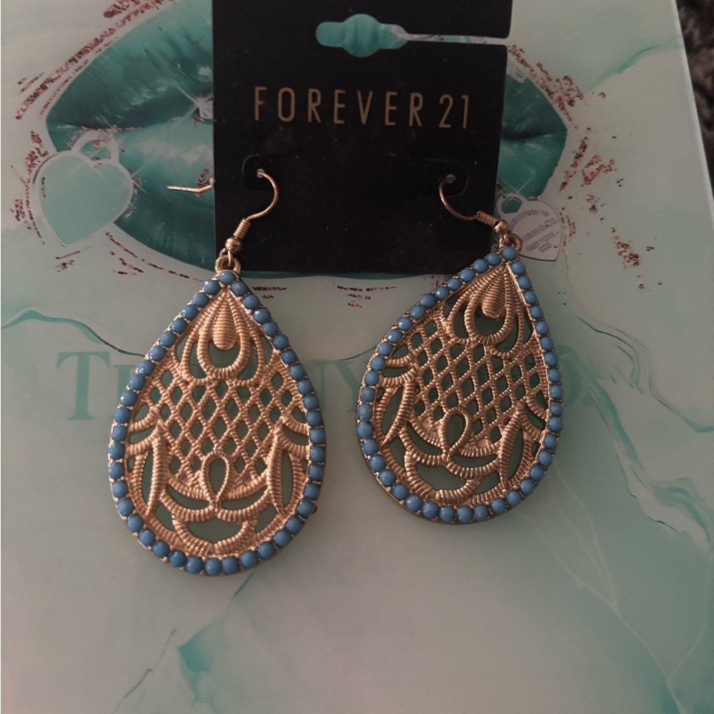 Forever 21 Gold and Blue Teardrop Earrings - Picture 2 of 3